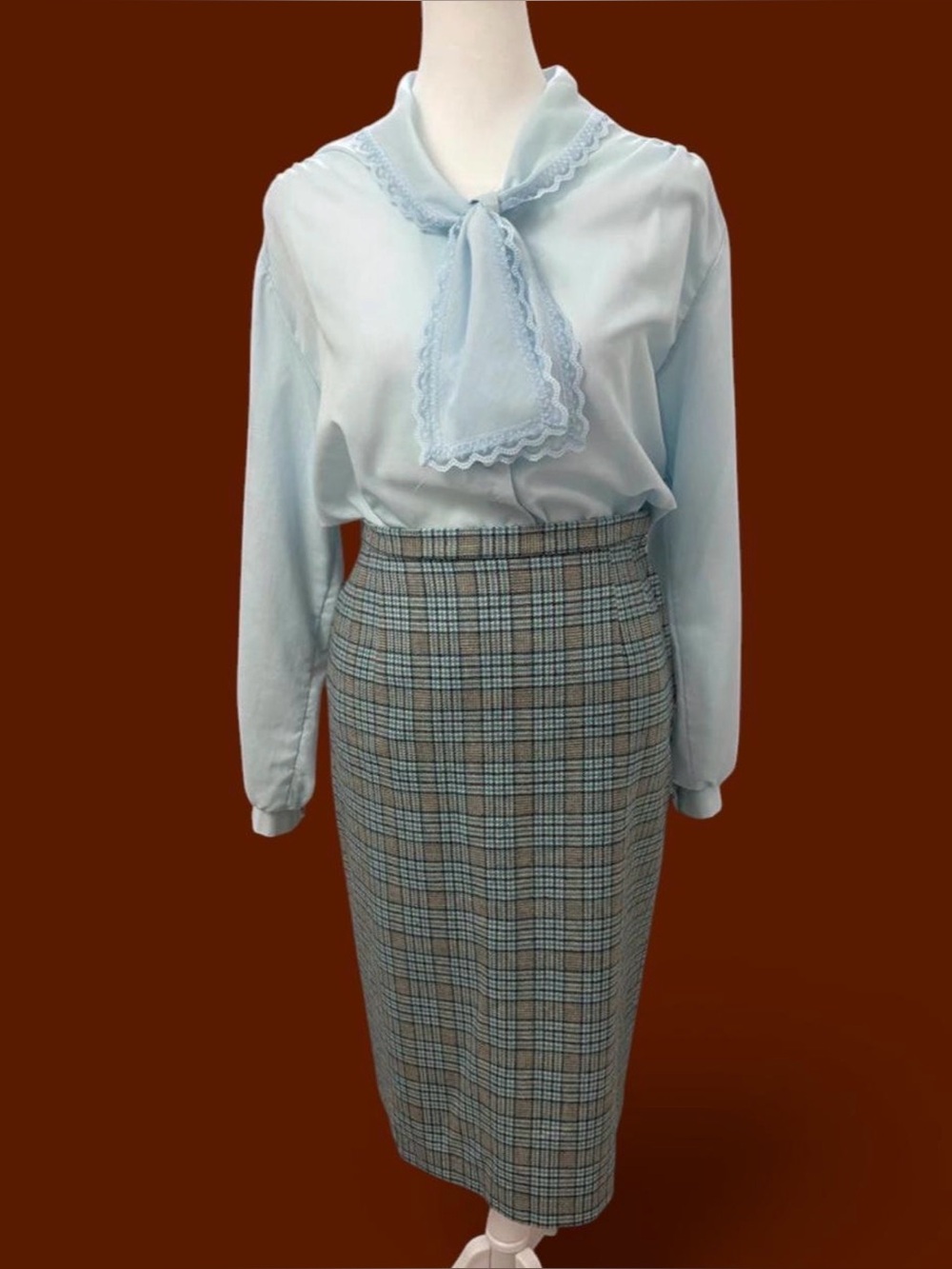 Vintage New Fashion Powder Blue Lace Ascot Secretary Blouse Romantic Cottagecore
